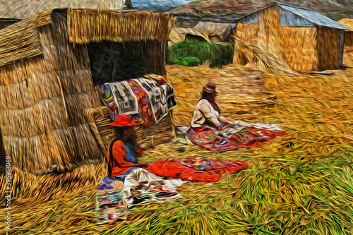 Indigenous women selling typical rugs at the Uros village on floating islands made of totora reeds in the Lake Titicaca. A large and deep lake in the Peruvian Andes near Puno. Oil paint filter.