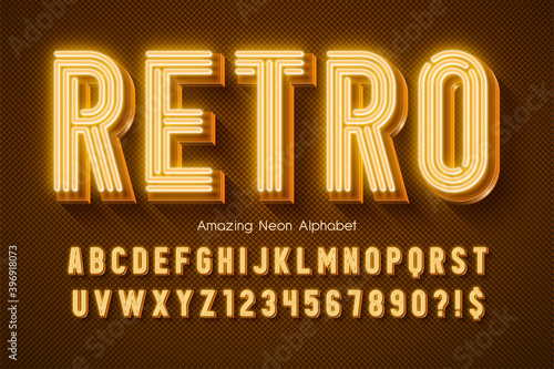 Neon light 3d alphabet, extra glowing modern type.