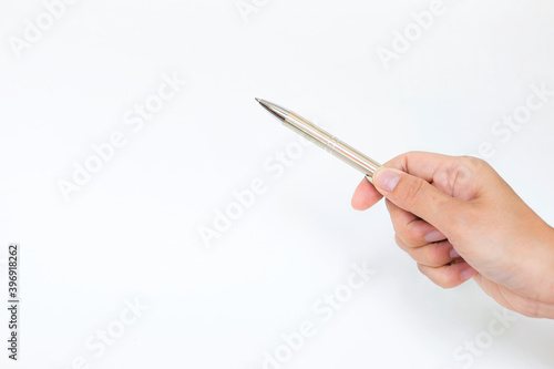 Pen in girl hand pointing on white background, business concept idea, education background