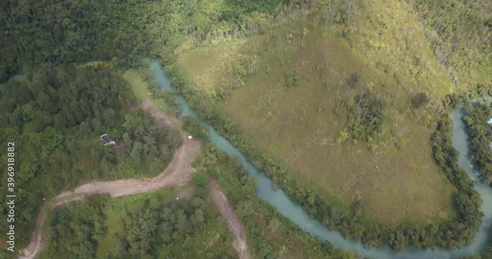 Drone aerial bird's-eye view of river Cahabon near Semuc Champey area in Lanquin, Guatemala Drone aerial bird's-eye view of river Cahabon near Semuc Champey area in Lanquin, Guatemala