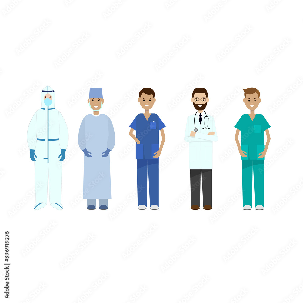 various doctors, surgeons, nurses, male medical personnel in the fight against covid-19.