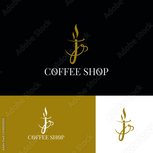 Initial j letter on cup coffee concept logo for coffee shop and store, cafeteria brand template