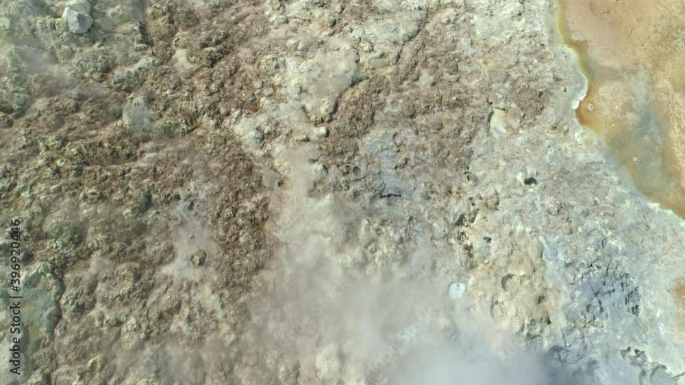 Flying over geothermal volcanic terrain looking down Hverir Iceland aerial Flying over geothermal volcanic terrain looking down Hverir Iceland aerial
