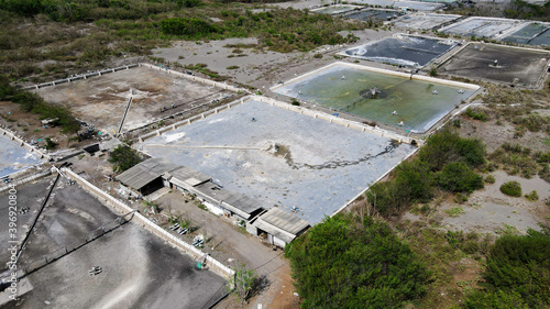 Aerial view of shrimp farm and air purifier in Yogyakata, Indonesia. Continuous growing aquaculture business is exported to the international market. photo