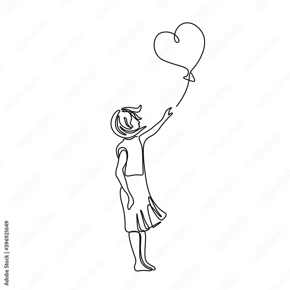 cute girl holding a balloon, continuous line drawing, small tattoo