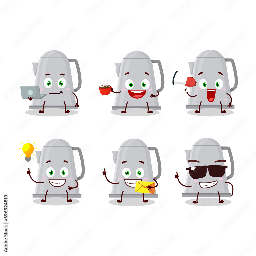 Fototapeta premium Electric kettle cartoon character with various types of business emoticons
