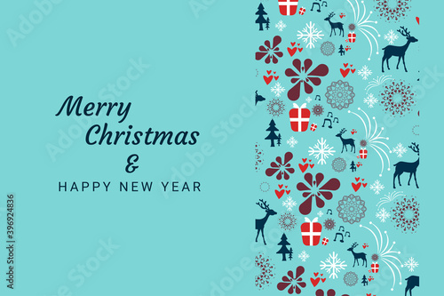 Christmas and New Year Greeting Card with Vintage Christmas seamless pattern and black background.