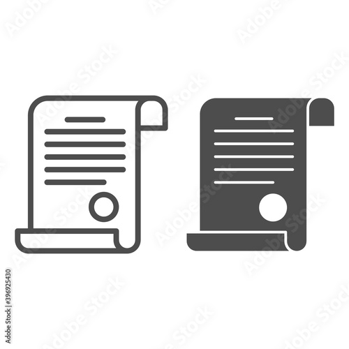 Certificate line and solid icon, school concept, diploma sign on white background, document with a stamp icon in outline style for mobile concept and web design. Vector graphics.