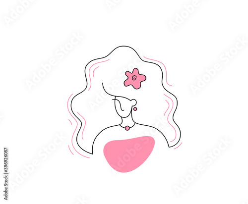 Cartoon style. Delicate vector illustration for female business  the image of a female face. Linear drawing  natural beauty and youth. Portrait of a Hawaiian girl with dark hair. Logo for spa salon