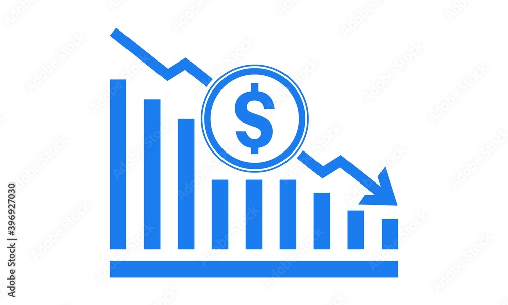 Vector illustration of dollar rate decrease icon. Money symbol with stretching arrow down. Decrease profit, salary, income, cost, price, economy and revenue. Icon for business concept Vector illustration of dollar rate decrease icon. Money symbol with stretching arrow down. Decrease profit, salary, income, cost, price, economy and revenue. Icon for business concept