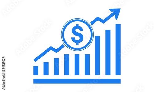 Vector illustration of dollar rate increase icon. Money symbol with stretching arrow up. Increase profit, salary, income, cost, price, economy and revenue. Icon for business concept..