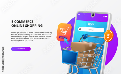 Online shopping buy on mobile e commerce landing page concept digital marketing 3d phone illustration with package trolley cart
