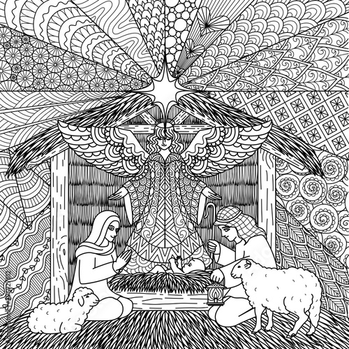 Line art of Nativity scene of Christmas for coloring book, coloring page or print on things. Vector illustration