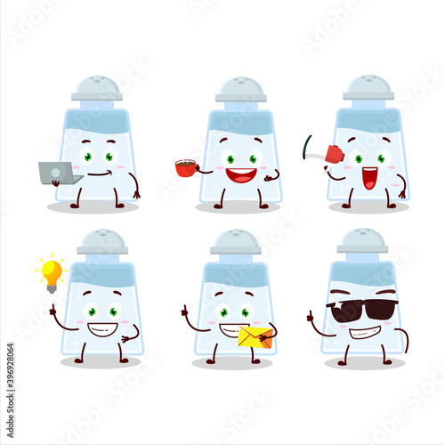 Salt shaker cartoon character with various types of business emoticons
