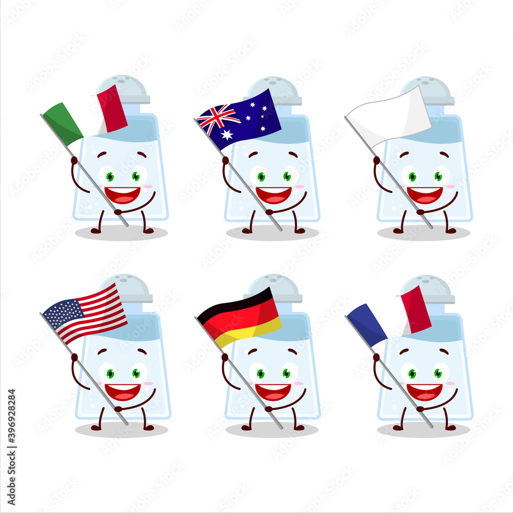 Salt shaker cartoon character bring the flags of various countries