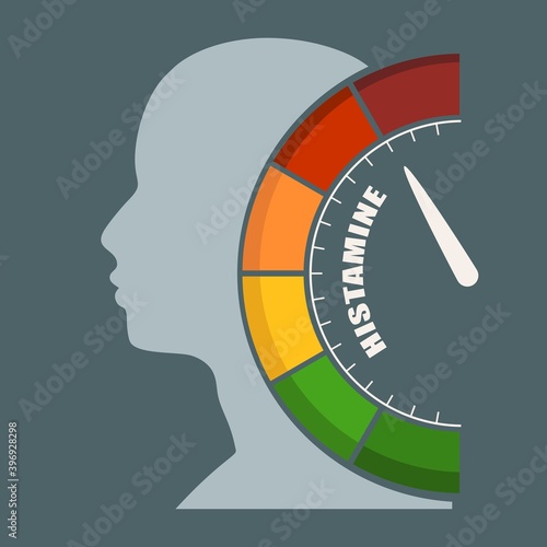 Scale with arrow. The histamine measuring device. Sign tachometer, speedometer, indicator. Head of man silhouette.