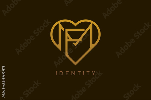 Abstract initials F and M logo, gold colour line style heart and letter combination, usable for brand, card and invitation, logo design template element,vector illustration
