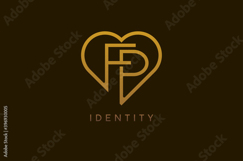 Abstract initials F and P logo, gold colour line style heart and letter combination, usable for brand, card and invitation, logo design template element,vector illustration