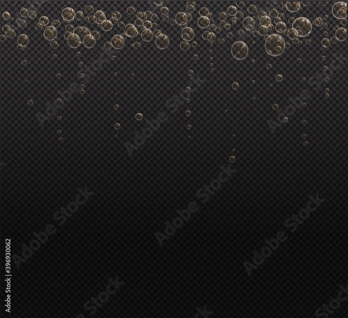 Gold fizzy bubbles. Sparkles champagne. Fizzy pop and effervescent drink. Abstract fresh soda and air bubbles, oxygen, champagne crystal. Vector illustration on black transparent background.