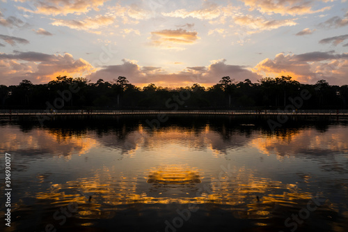 landscape of lake in the evening with beautiful color of sunset and reflection