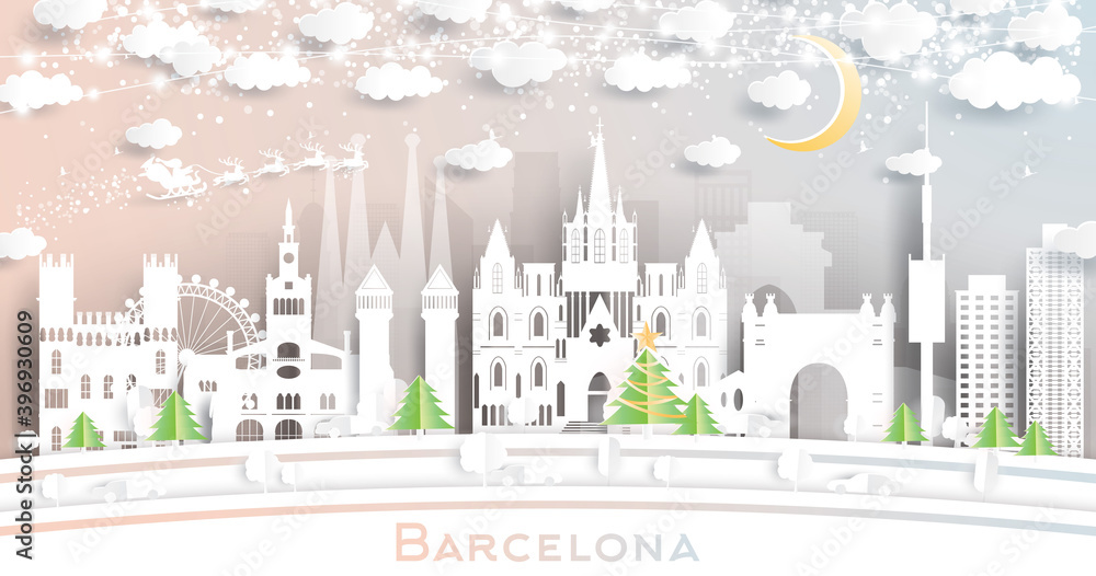 Barcelona Spain City Skyline in Paper Cut Style with Snowflakes, Moon and Neon Garland.