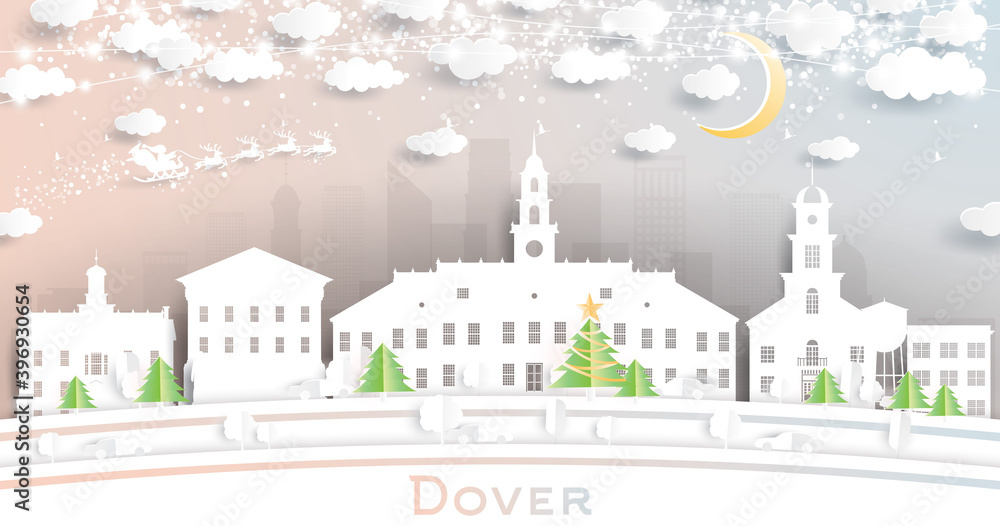 Dover Delaware USA City Skyline in Paper Cut Style with Snowflakes, Moon and Neon Garland.