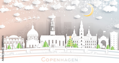 Copenhagen Denmark City Skyline in Paper Cut Style with Snowflakes, Moon and Neon Garland.