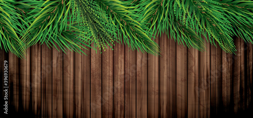 Fir Branches on Wooden Background. Pine Sprigs on Above. Christmas and New Year Decoration.