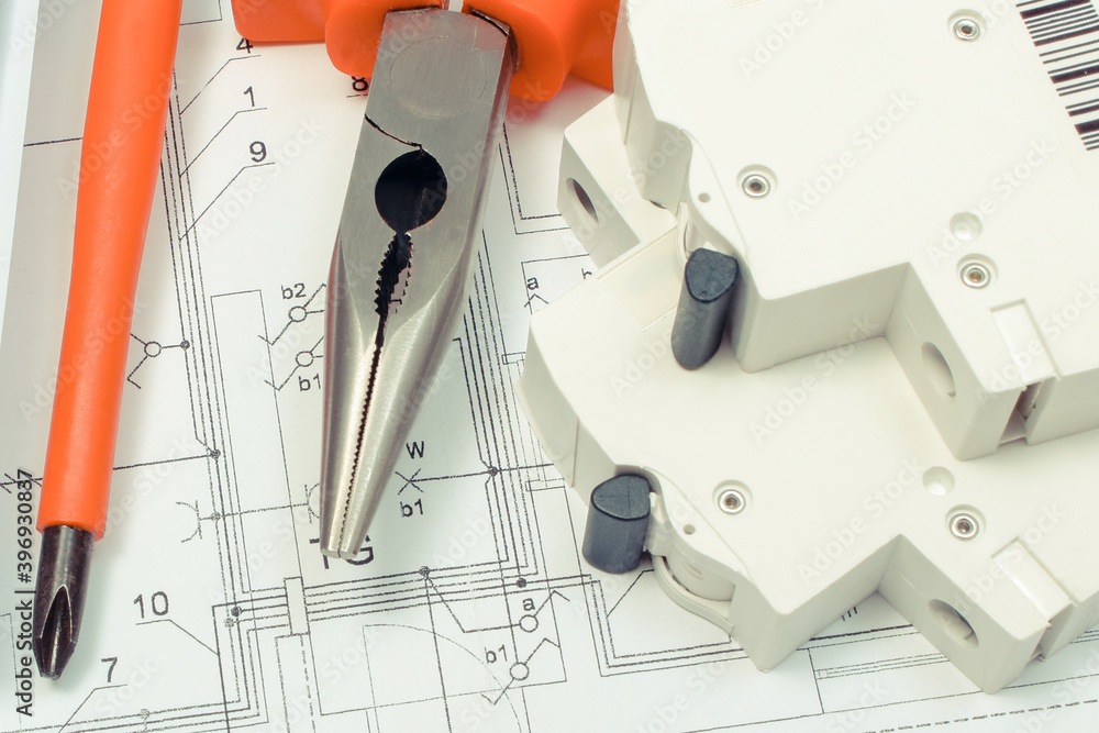 Electrical diagrams, electric fuse and work tools on construction
