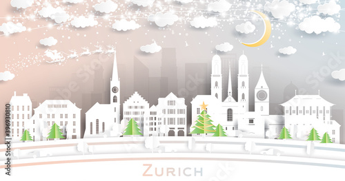 Zurich Switzerland City Skyline in Paper Cut Style with Snowflakes, Moon and Neon Garland.