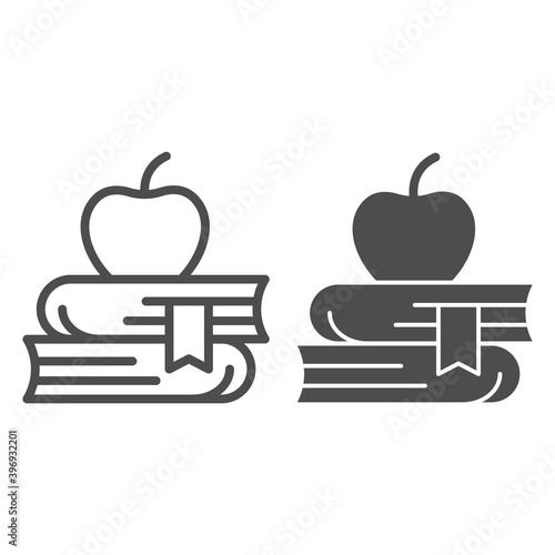 Apple on books line and solid icon, school concept, stack of books and apple sign on white background, education symbol icon in outline style for mobile concept and web design. Vector graphics.