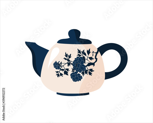 Vintage Card with ornamented ceramic teapot. Warm and cozy hand drawn vector illustration with kettle and mug with hot beverage on white background. Kitchen crockery