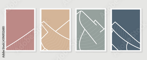 Mountain wall art vector set. Earth tones landscapes backgrounds set with moon and sun.  Abstract Plant Art design for print, cover, wallpaper, Minimal and  natural wall art. Vector illustration.
