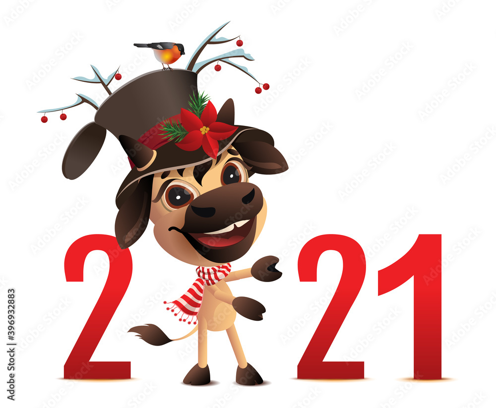 Naklejka premium Bull symbol of 2021 new year wishes merry christmas