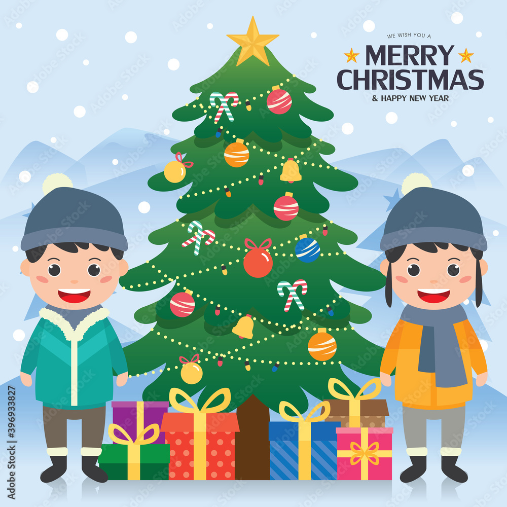 Merry Christmas with happy children wear the winter clothes at outdoor, with christmas tree Greeting card illustration. Merry Christmas with happy children wear the winter clothes at outdoor, with christmas tree Greeting card illustration.