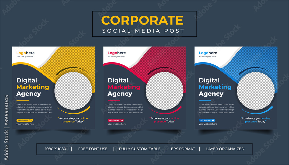 Digital Business Marketing Agency Social Media Banner, Square Flyer Template, Editable web Banner Post Template, Promotion corporate Web Banner Stories Ads.