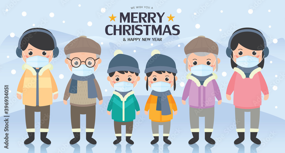 Merry Christmas banner illustration with happy family wear the winter clothes and face mask at outdoor. 