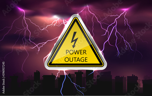 Vector power outage background with warning sign and dars city siluettes.