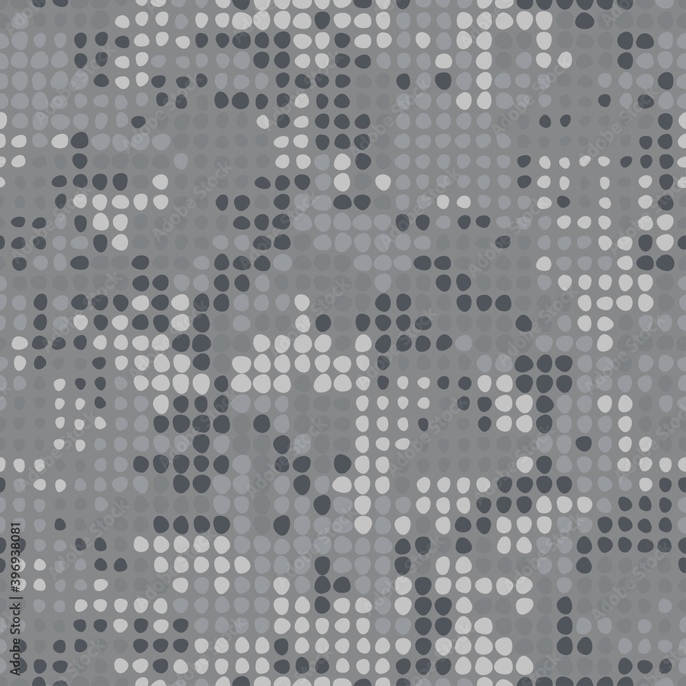 Digital gray camouflage, seamless pixel pattern. Urban clothing style, masking dotty camo repeat print. Vector texture