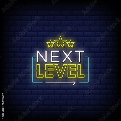 Next Level neon signs style text with starts design in blue bricks background