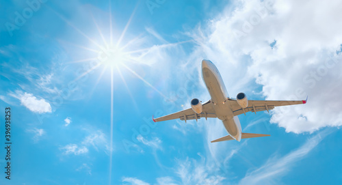 White passenger airplane over the clouds - Travel by air transport