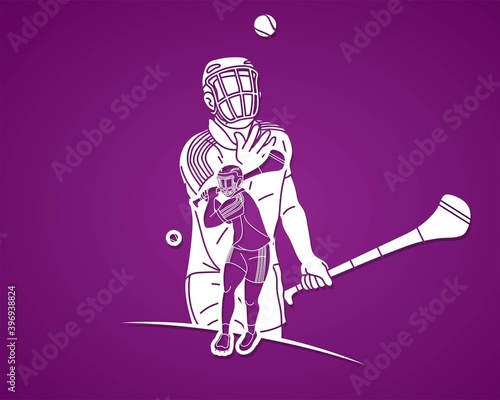 Group of Hurling sport players action. Irish Hurley sport cartoon graphic vector.