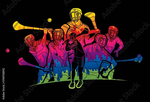 Group of Hurling sport players action. Irish Hurley sport cartoon graphic vector.