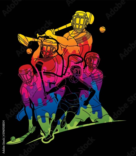Group of Hurling sport players action. Irish Hurley sport cartoon graphic vector.