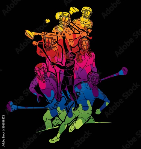 Group of Hurling sport players action. Irish Hurley sport cartoon graphic vector.