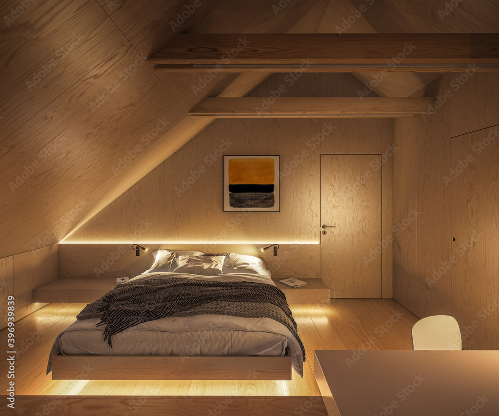 Interior of a modern plywood bedroom at night showcase Stock Photo