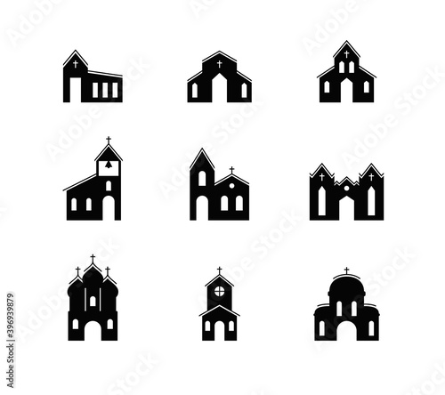 Vector set of church buildings icons. Simple isolated icons of black color in a flat style on a white background. Design template for web pages, applications and social networks.
