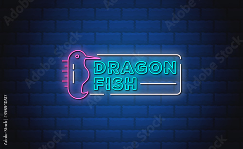 Dragon fish neon signs style text design in abstract blue bricks background