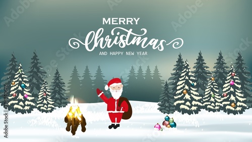 merry Christmas and happy new year wishes with snowy landscape at night. Christmas trees and Santa clause. vector concept for greeting or postal card.