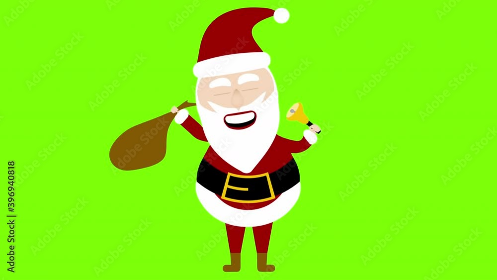 Seamless looping cartoon happy Santa with bell and bag on green screen including luma matte Seamless looping cartoon happy Santa with bell and bag on green screen including luma matte